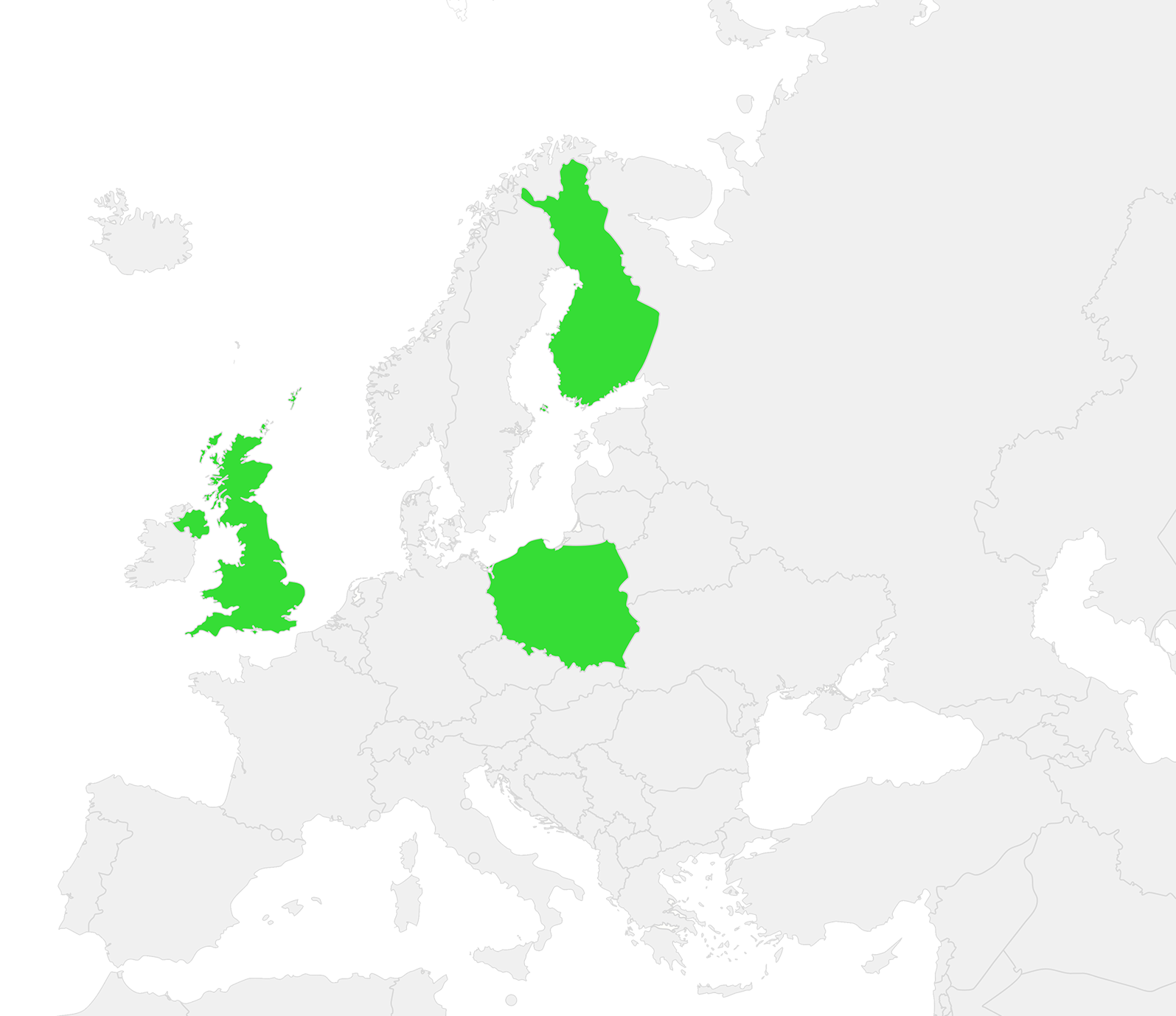 Europakarte mit Polen, dem Vereinigten Königreich und Finnland, grün hervorgehoben