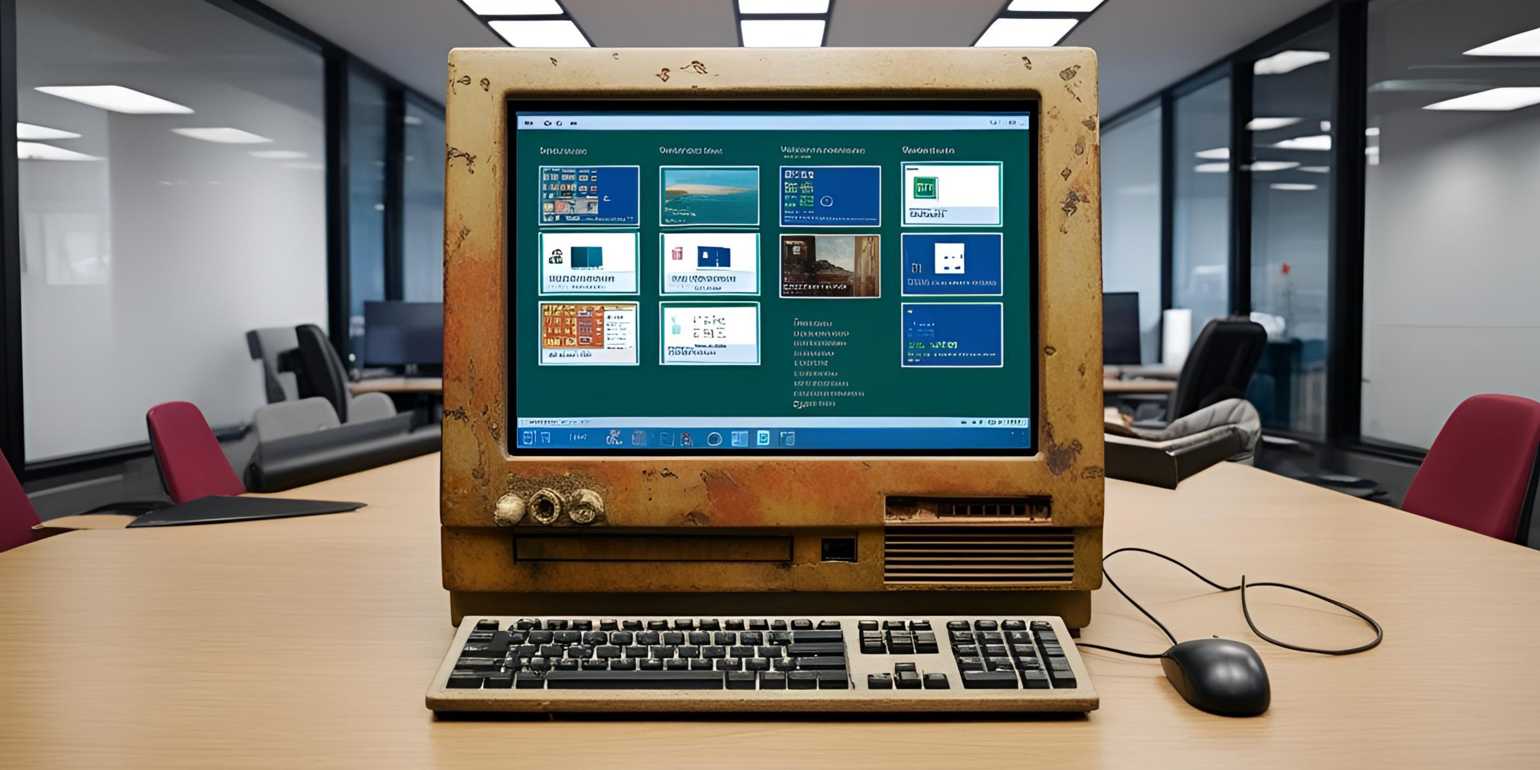 KI-generiertes Bild: altertümlicher Blockbildschirm mit veralteter Schnittstelle, der sich im Büro befindet. Es repräsentiert das veraltete System