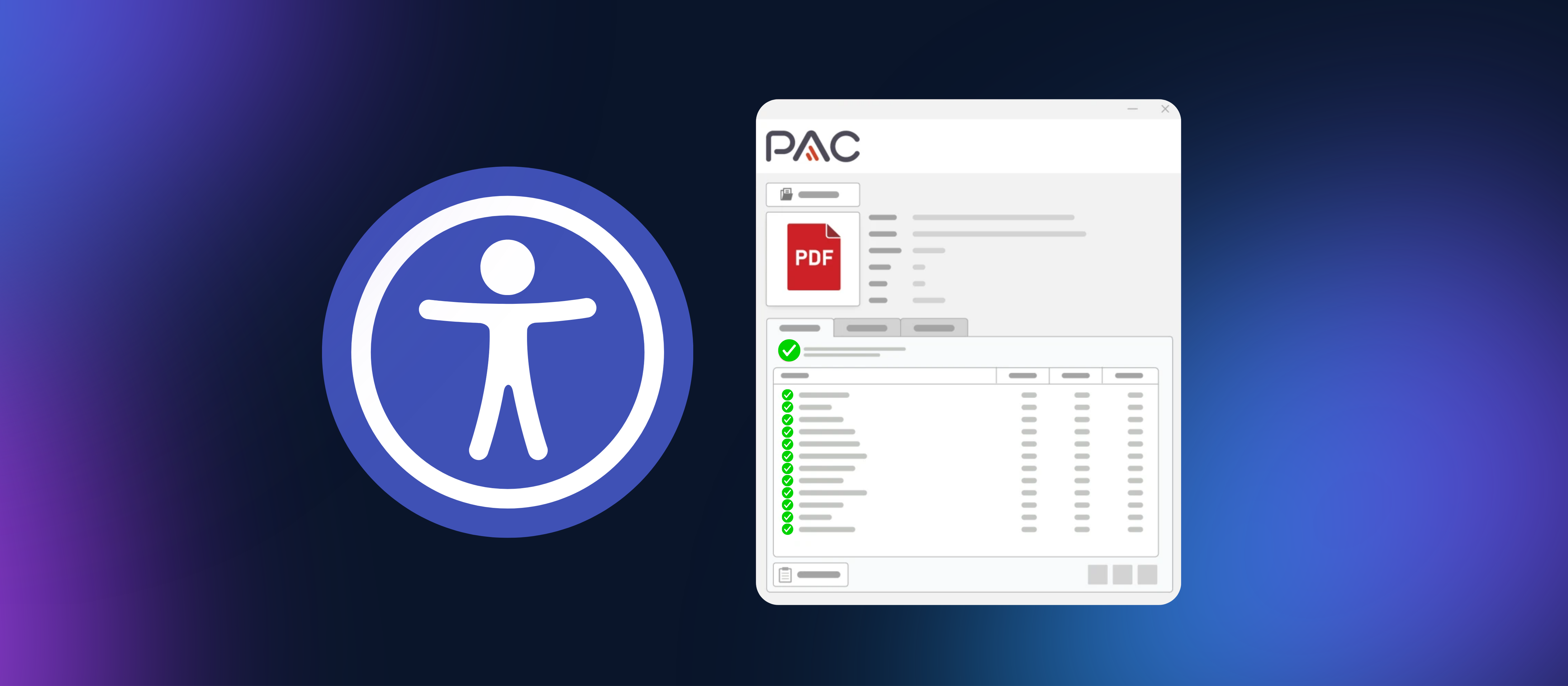 Logo d'accessibilité sur le côté gauche. Vérificateur de l'accessibilité de l'application PAC sur le côté droit.