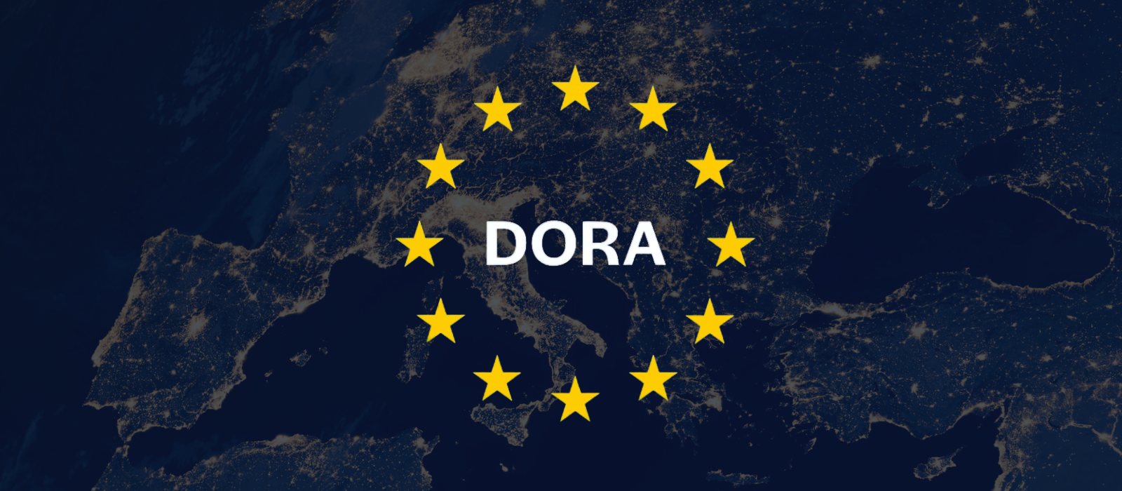 Słowo DORA otoczone gwiazdami flagi UE, wszystko na zaplanowanym tle