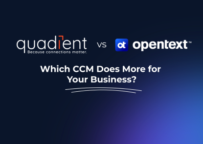Banner graphic comparing two enterprise customer communications platforms. The Quadient logo appears on the left and the OpenText logo on the right with the text “vs” between them. Below the logos, the headline reads: “Which CCM Does More for Your Business?” The background is a dark blue gradient typical of enterprise technology visuals. The image introduces a comparison between Quadient Inspire and OpenText CCM platforms used by organisations such as banks and insurers to manage large-scale customer communications.