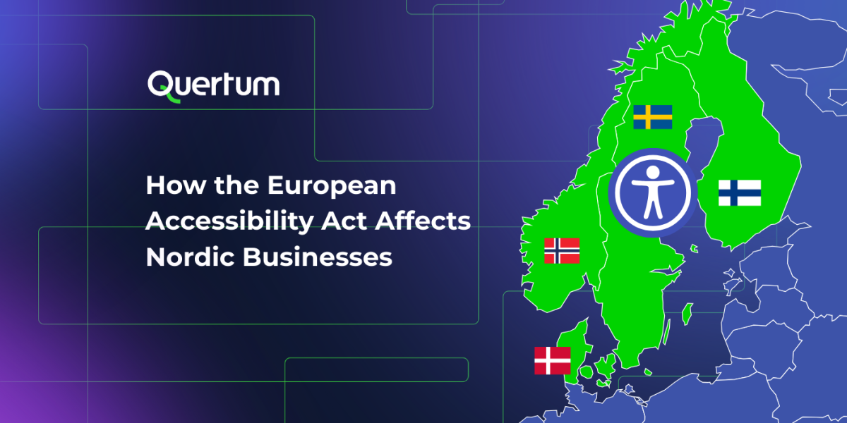 A presentation slide from a company named Quertum titled "How European Accessibility Act Affects Nordic Businesses." The slide features a green map of the Nordic countries (Norway, Sweden, Finland, and Denmark) with each country's flag and an accessibility icon over the map. The background is a dark blue-purple gradient with light green grid lines.