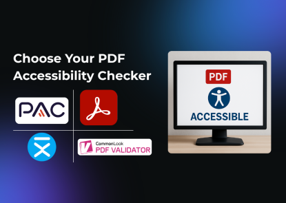 Visual comparison showing four major PDF accessibility checker logos â PAC, Adobe Acrobat, PDFix, and CommonLook PDF Validator â beside a computer monitor displaying the text âPDF Accessibleâ with an accessibility icon, symbolizing the evaluation of tools for ensuring accessible PDF documents.