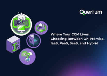Quertum article header for “Where Your CCM Lives: Choosing Between On-Premise, IaaS, PaaS, SaaS, and Hybrid.” The visual shows cloud, infrastructure, and secure document system icons on a dark navy background.