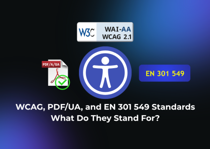 Graphic with the title "WCAG, PDF/UA, and EN 301 549 Standards – What Do They Stand For?". It shows three visual elements: On the left, a PDF icon labeled PDF/A/UA with a green checkmark. At the top, a W3C WAI-AA WCAG 2.1 label. On the right, a blue rectangle with yellow text EN 301 549. In the center, a large universal accessibility symbol (a person with outstretched arms in a blue circle) represents digital accessibility. The background has a dark gradient from black to blue and purple.