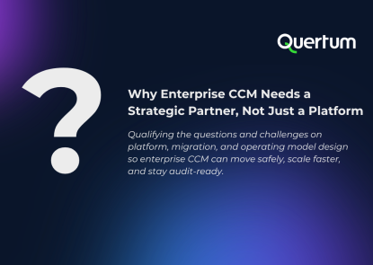 Big Question mark with a text next to it: "Why Enterprise CCM Needs a Strategic Partner, Not Just a Platform Qualifying the questions and challenges on platform, migration, and operating model design so enterprise CCM can move safely, scale faster, and stay audit-ready."