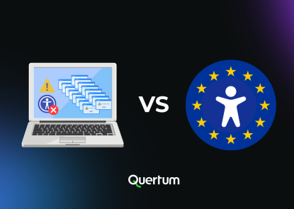 Illustration comparing legacy digital systems with European accessibility standards. On the left, a laptop displays multiple error pop-ups, warning icons, and a disabled accessibility symbol, representing inaccessible legacy software. On the right, a blue circle with EU stars surrounds a simplified human figure, symbolizing compliance with European accessibility regulations. The word “VS” between them highlights the contrast, with the Quertum logo shown at the bottom.