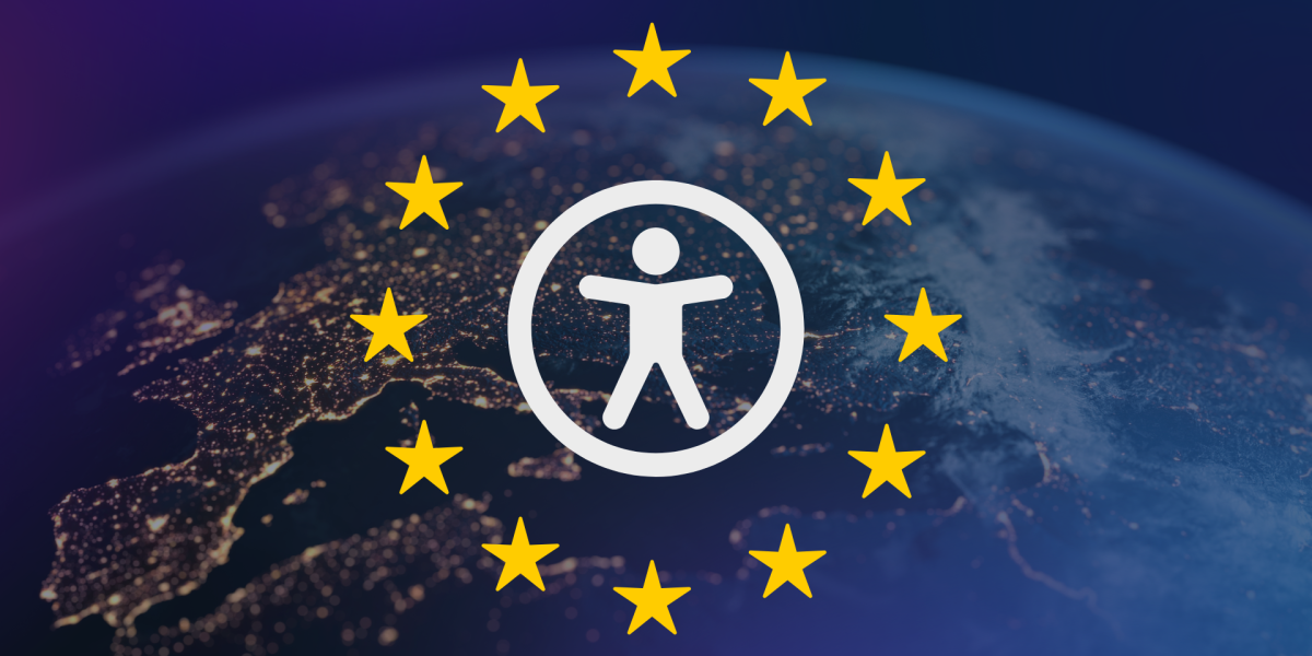 Accessibility logo with human in the circle surrounded by EU yellow stars. All on planet background
