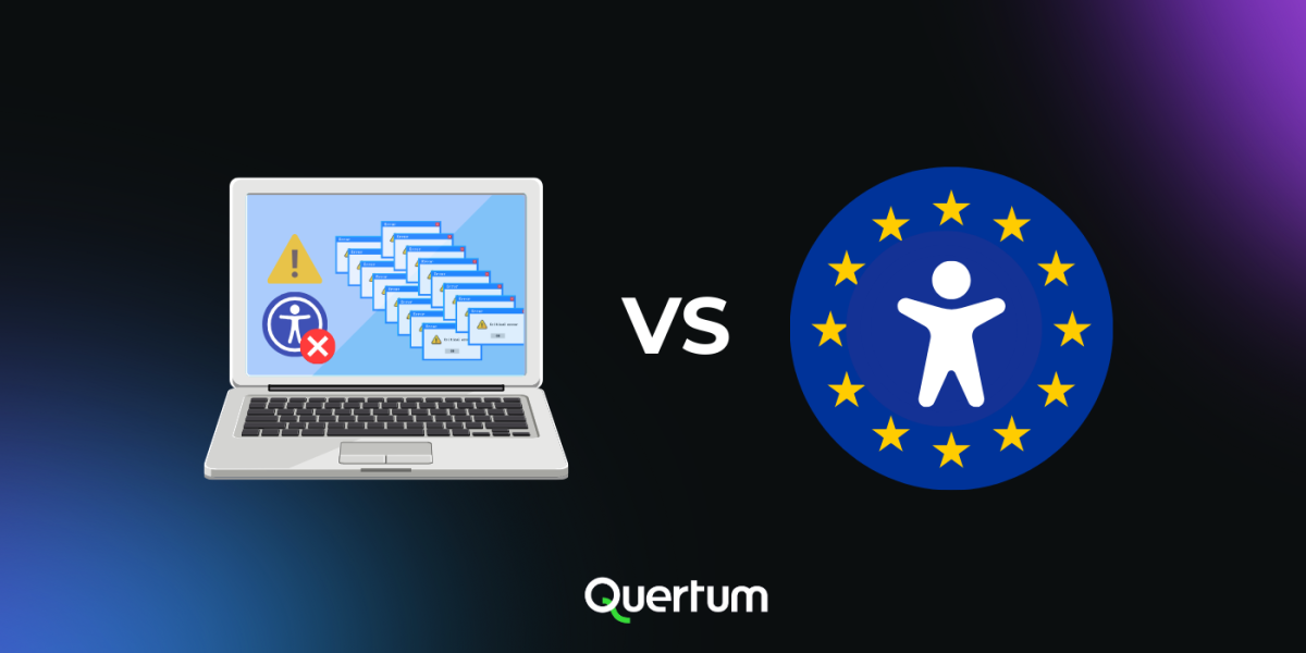 Illustration comparing legacy digital systems with European accessibility standards. On the left, a laptop displays multiple error pop-ups, warning icons, and a disabled accessibility symbol, representing inaccessible legacy software. On the right, a blue circle with EU stars surrounds a simplified human figure, symbolizing compliance with European accessibility regulations. The word “VS” between them highlights the contrast, with the Quertum logo shown at the bottom.