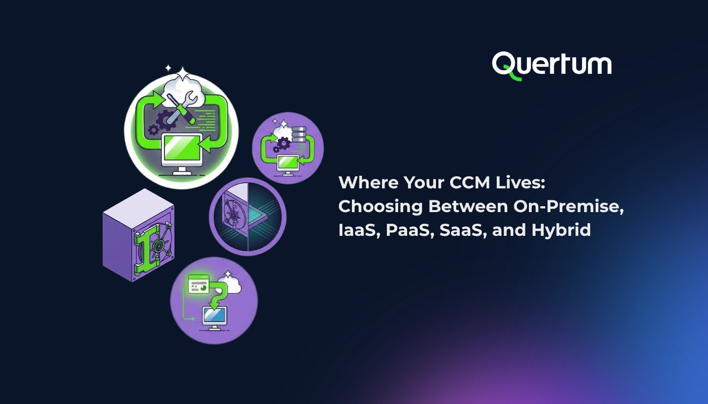 Quertum article header for “Where Your CCM Lives: Choosing Between On-Premise, IaaS, PaaS, SaaS, and Hybrid.” The visual shows cloud, infrastructure, and secure document system icons on a dark navy background.