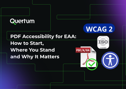 Obraz z tekstem "PDF Accessibility for EAA: How to Start, Where You Stand, and Why It Matters". Po prawej stronie znajdują się ikony reprezentujące WCAG 2, ISO 14289 (PDF/UA), dokument PDF ze znacznikiem wyboru oraz uniwersalny symbol dostępności, podkreślający zgodność i standardy dostępności dokumentów cyfrowych zgodnie z Europejskim aktem w sprawie dostępności.