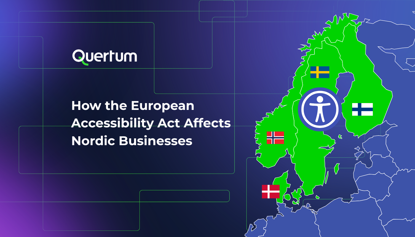 A presentation slide from a company named Quertum titled "How European Accessibility Act Affects Nordic Businesses." The slide features a green map of the Nordic countries (Norway, Sweden, Finland, and Denmark) with each country's flag and an accessibility icon over the map. The background is a dark blue-purple gradient with light green grid lines.