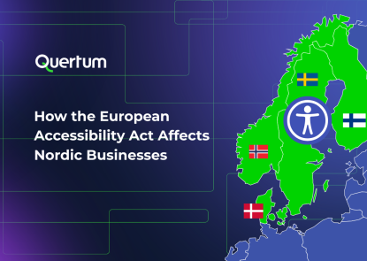 Une diapositive de présentation d'une société nommée Quertum intitulée "Comment la loi européenne sur l'accessibilité affecte les entreprises nordiques". La diapositive présente une carte verte des pays nordiques (Norvège, Suède, Finlande et Danemark) avec le drapeau de chaque pays et une icône d'accessibilité au-dessus de la carte. L'arrière-plan est un dégradé bleu foncé-violet avec des lignes de quadrillage vert clair.