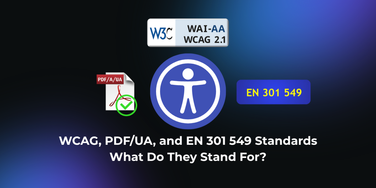 Graphic with the title "WCAG, PDF/UA, and EN 301 549 Standards – What Do They Stand For?". It shows three visual elements: On the left, a PDF icon labeled PDF/A/UA with a green checkmark. At the top, a W3C WAI-AA WCAG 2.1 label. On the right, a blue rectangle with yellow text EN 301 549. In the center, a large universal accessibility symbol (a person with outstretched arms in a blue circle) represents digital accessibility. The background has a dark gradient from black to blue and purple.