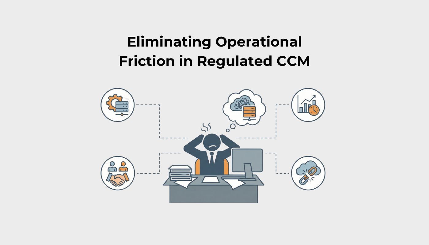 Illustration of a stressed operations manager surrounded by CCM infrastructure, cloud, performance, integration, and vendor icons, representing operational friction in regulated communications.
