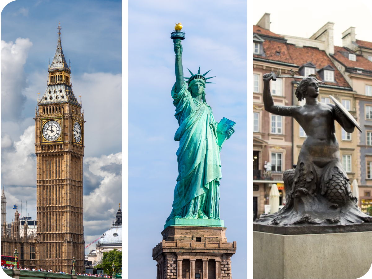Trzy słynne budowle pokazane obok siebie: wieża zegarowa Big Ben w Londynie po lewej stronie, Statua Wolności z pochodnią pośrodku i Syrenka Warszawska na Starym Mieście – symbol miasta 