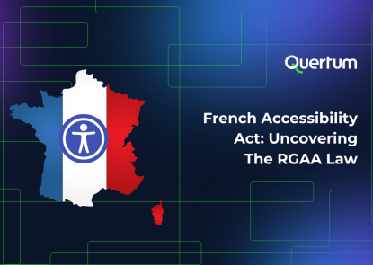 Graphic showing the map of France colored in the French flag (blue, white, red) with a universal accessibility symbol in the center. To the right, the Quertum logo appears above the title: "French Accessibility Act: Uncovering the RGAA law", on a dark blue and purple gradient background with light green geometric lines.
