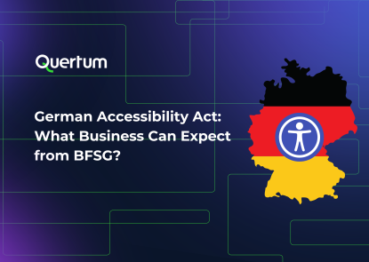 Graphique représentant le logo Quertum, le titre "Loi allemande sur l'accessibilité : Ce que les entreprises peuvent attendre de la BFSG", et une silhouette de l'Allemagne en noir, rouge et jaune avec un symbole d'accessibilité au centre, sur un fond bleu foncé dégradé avec des formes vertes.