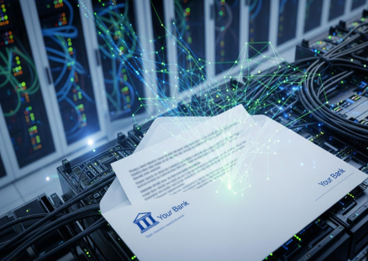 A bank document lies on top of server hardware inside a data centre. Digital network lines flow from the paper, symbolising automated document generation and data-driven communication processes.