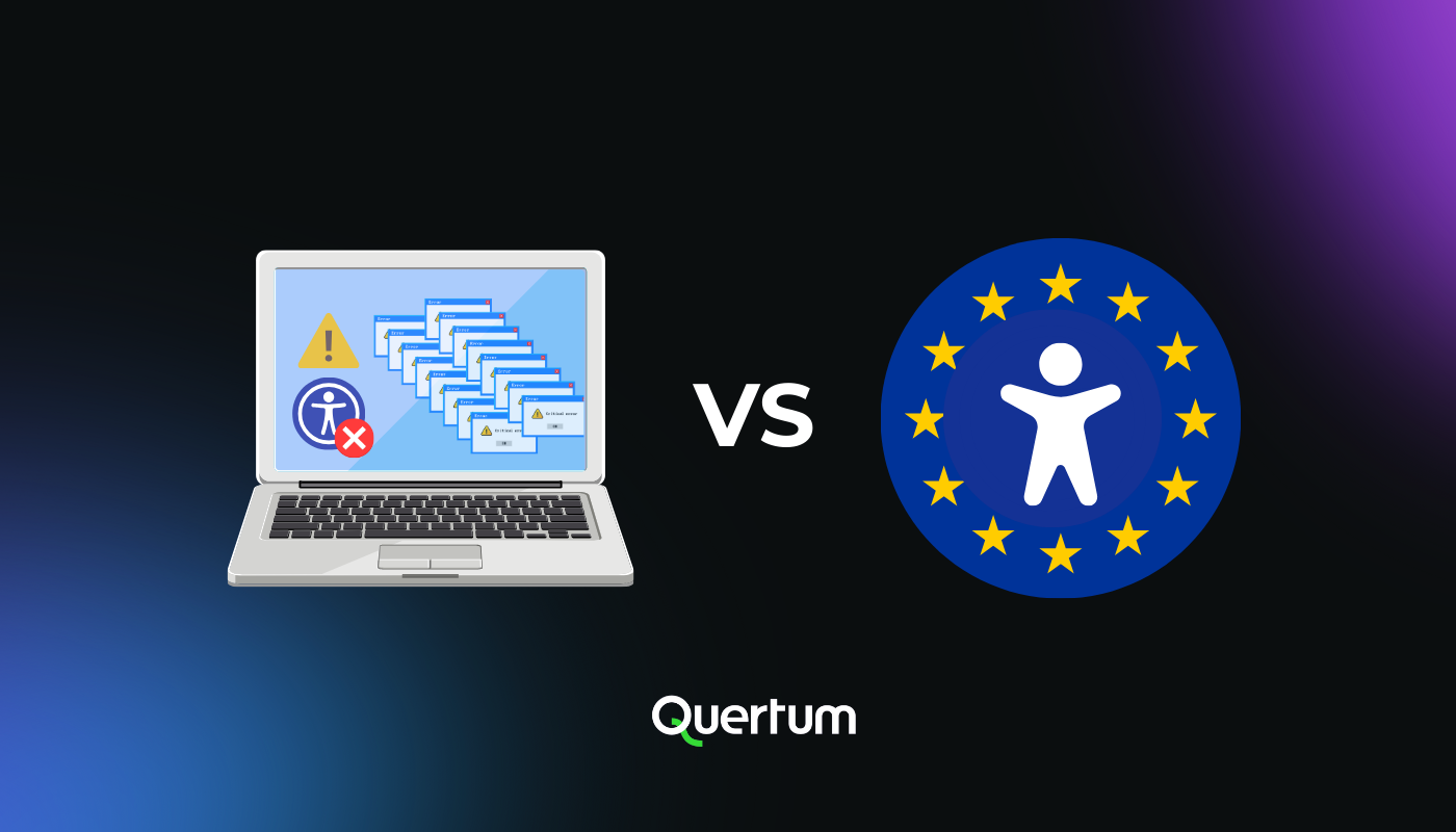 Illustration comparing legacy digital systems with European accessibility standards. On the left, a laptop displays multiple error pop-ups, warning icons, and a disabled accessibility symbol, representing inaccessible legacy software. On the right, a blue circle with EU stars surrounds a simplified human figure, symbolizing compliance with European accessibility regulations. The word “VS” between them highlights the contrast, with the Quertum logo shown at the bottom.