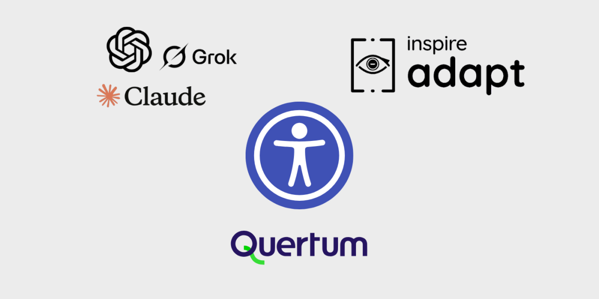 Comparison image showing AI tools (Grok, Claude logos) on the left versus accessibility solution (Inspire Adapt logo) on the right, with a universal accessibility symbol in the center and Quertum logo at the bottom, illustrating the contrast between AI-based and rule-based PDF accessibility approaches