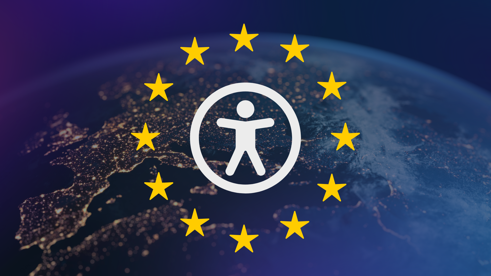 Accessibility logo with human in the circle surrounded by EU yellow stars. All on planet background