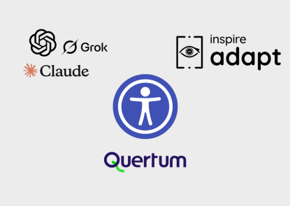 Comparison image showing AI tools (Grok, Claude logos) on the left versus accessibility solution (Inspire Adapt logo) on the right, with a universal accessibility symbol in the center and Quertum logo at the bottom, illustrating the contrast between AI-based and rule-based PDF accessibility approaches