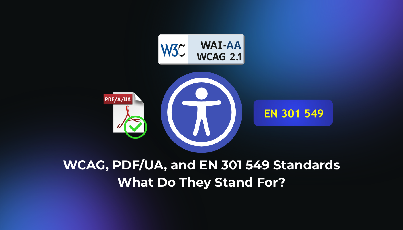Graphic with the title "WCAG, PDF/UA, and EN 301 549 Standards – What Do They Stand For?". It shows three visual elements: On the left, a PDF icon labeled PDF/A/UA with a green checkmark. At the top, a W3C WAI-AA WCAG 2.1 label. On the right, a blue rectangle with yellow text EN 301 549. In the center, a large universal accessibility symbol (a person with outstretched arms in a blue circle) represents digital accessibility. The background has a dark gradient from black to blue and purple.