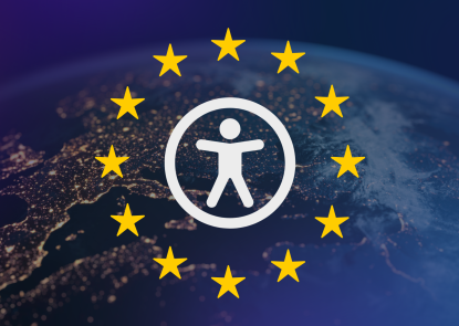 Accessibility logo with human in the circle surrounded by EU yellow stars. All on planet background