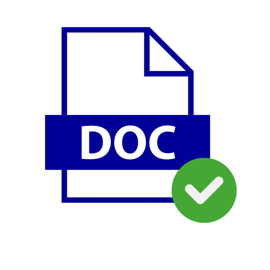A blue DOC file icon with a green checkmark, indicating that the document meets required standards or has been validated.