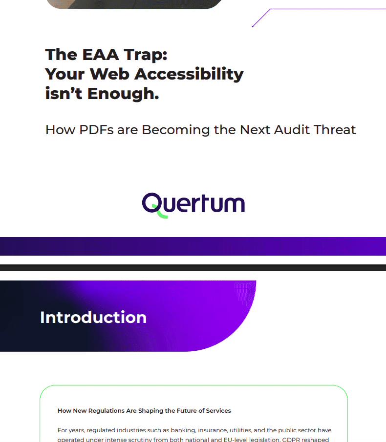 A visual explaining the real-world consequences of inaccessible PDFs. The top section highlights three risks: “Regulator scrutiny or financial penalties,” “Customer complaints or churn,” and “Brand damage and reputational loss.” Below it, a table lists accessibility-related fines across European countries. Austria: up to €80,000; Poland: up to €200,000 or 10% of annual turnover; Czech Republic: up to €400,000; France: up to €300,000; Germany: up to €500,000; Hungary: €3,000–€50,000 or 5% of turnover; Italy: up to €40,000 or up to 5% of turnover for private entities; The Netherlands: up to €90,000.