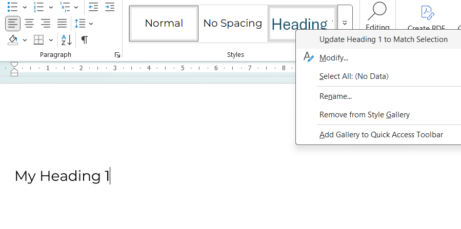 A Word document showing the Heading 1 style menu opened. The example illustrates a common accessibility mistake: using visual formatting instead of true heading styles. Screen reader users cannot navigate the document when headings are not properly tagged.