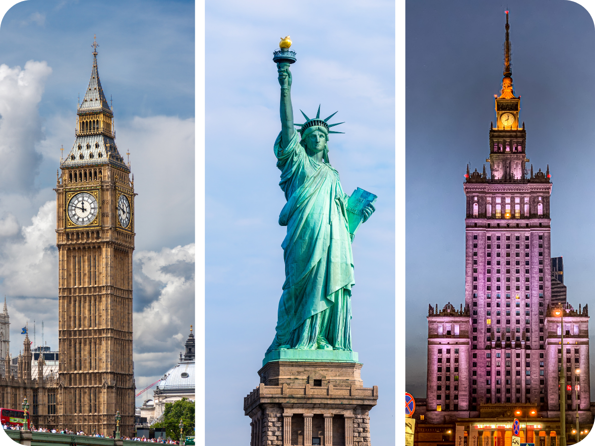 Three famous landmarks shown side by side: the clock tower of Big Ben in London on the left, the Statue of Liberty holding a torch in the center, and Warsaw’s Palace of Culture and Science illuminated at night on the right.