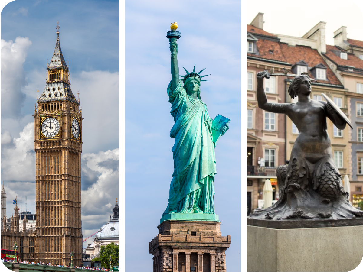 Three famous landmarks shown side by side: the clock tower of Big Ben in London on the left, the Statue of Liberty holding a torch in the center, and Warsaw’s Mermaid's Statue in the Old Town  - symbol ot city 