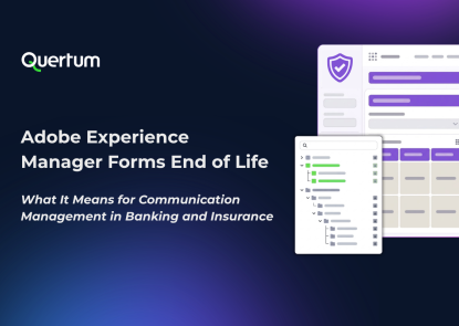Promotional title slide from Quertum titled "Adobe Experience Manager Forms End of Life: What It Means for Communication Management in Banking and Insurance." The background is a dark blue and purple gradient, featuring abstract graphics of digital user interfaces, form fields, and user icons.