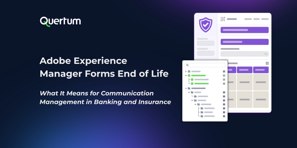 Promotional title slide from Quertum titled "Adobe Experience Manager Forms End of Life: What It Means for Communication Management in Banking and Insurance." The background is a dark blue and purple gradient, featuring abstract graphics of digital user interfaces, form fields, and user icons.